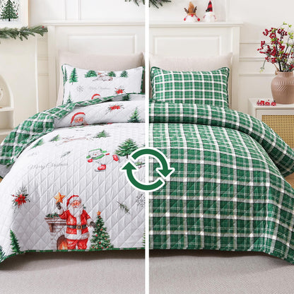 BLEUM CADE 3 Pieces Christmas Quilts Sets King Size, Christmas Tree Quilt Bedding Set, Reversible Green Buffalo Plaid Comforter Sets, Santa Claus Soft Lightweight Xmas Bedspread Coverlet, 106" x 96"