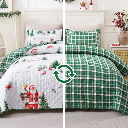 BLEUM CADE 3 Pieces Christmas Quilts Sets King Size, Christmas Tree Quilt Bedding Set, Reversible Green Buffalo Plaid Comforter Sets, Santa Claus Soft Lightweight Xmas Bedspread Coverlet, 106" x 96"