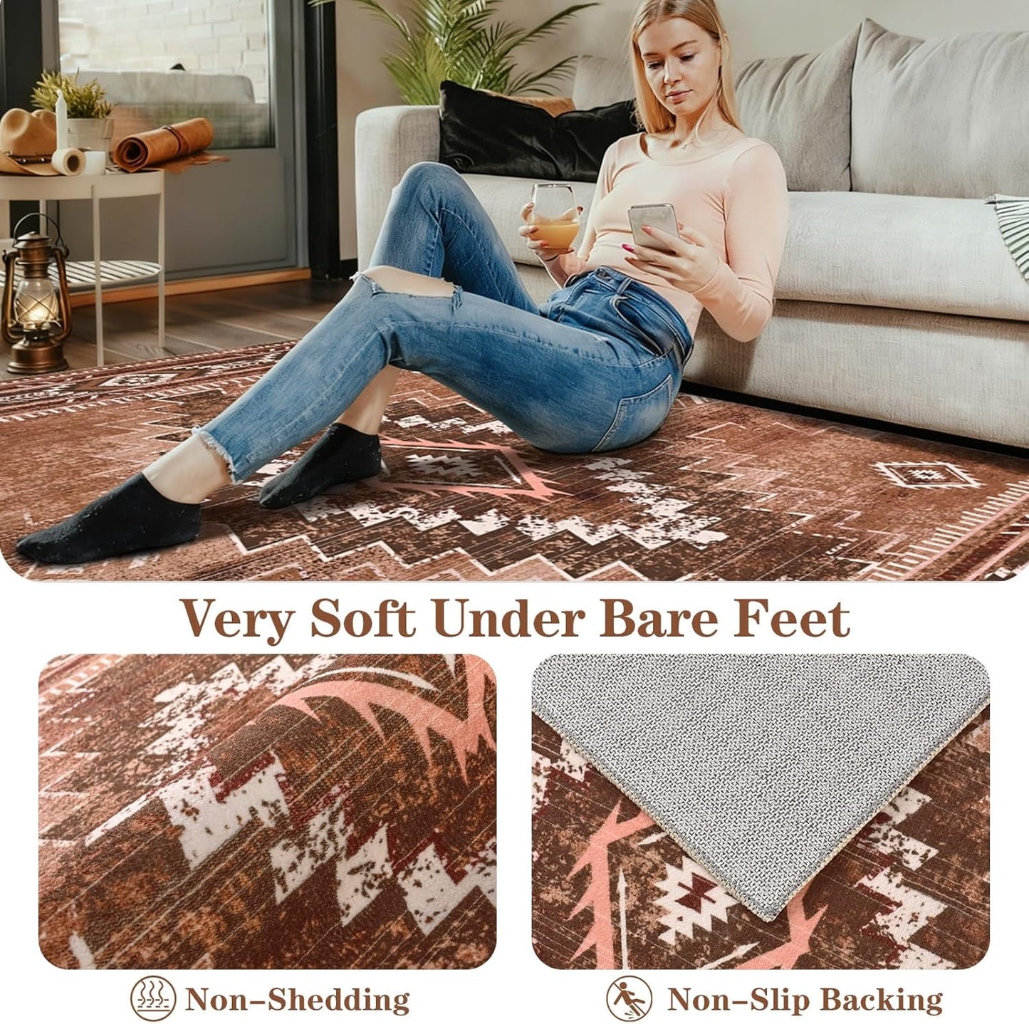 Bleum Cade Western Rugs for Living Room 5x7 Area Rug, Moroccan Washable Rugs for Bedroom, Non-Slip Boho Indoor Rug, Soft Low Pile Stain Resistant Geometric Floor Large Carpet Home Decor,Brown