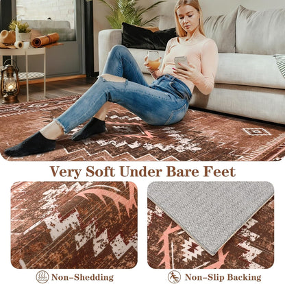 Bleum Cade Western Rugs for Living Room 5x7 Area Rug, Moroccan Washable Rugs for Bedroom, Non-Slip Boho Indoor Rug, Soft Low Pile Stain Resistant Geometric Floor Large Carpet Home Decor,Brown
