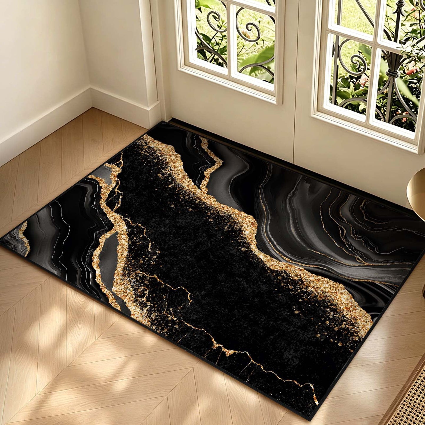 Bleum Cade Marble Swirl Abstract Area Rugs 2x3 Entryway Rug,Black Gold Non Slip Washable Door Mat Outdoor Indoor Welcome Mat for Entrance