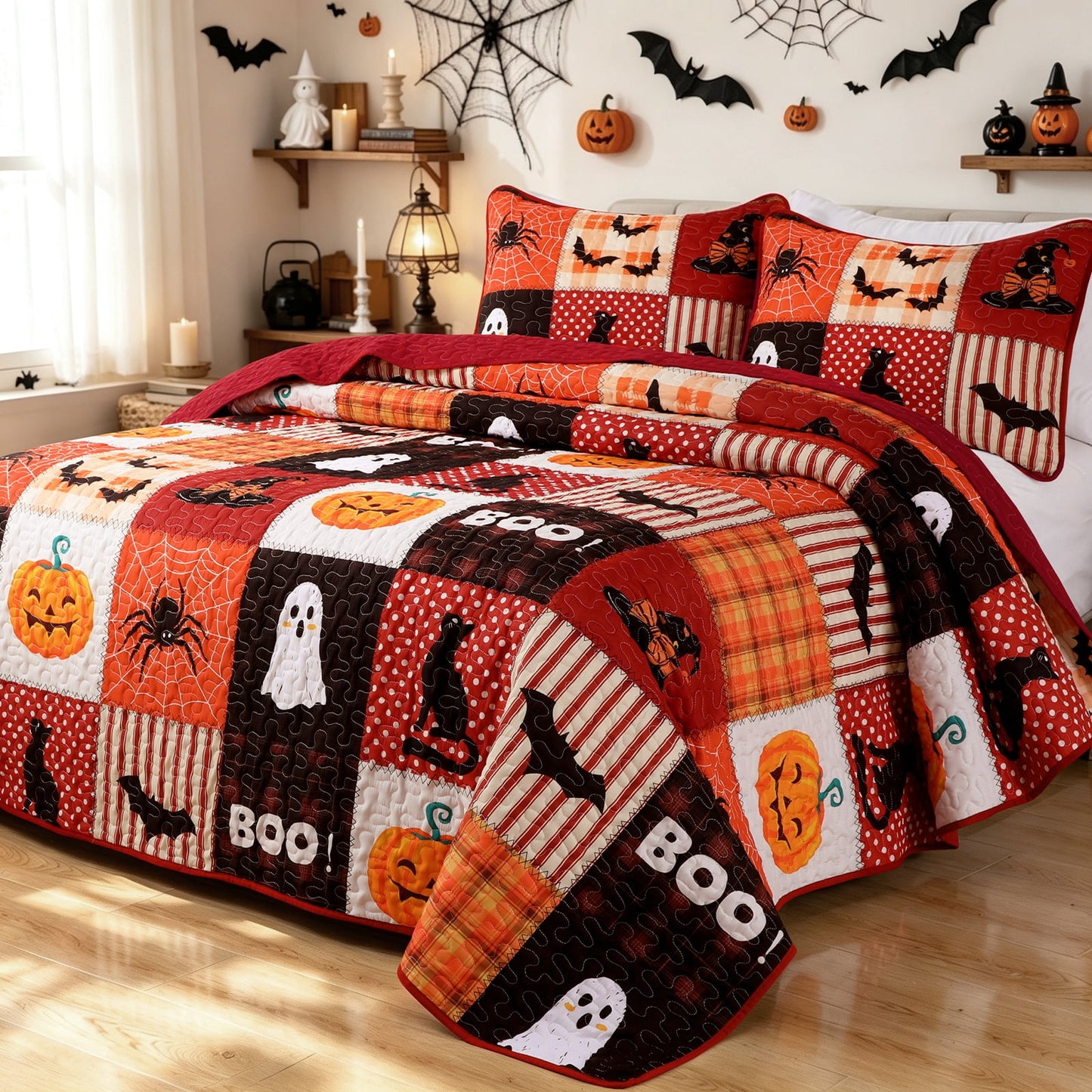 Bleum Cade Halloween 3 Pieces Quilt Set,Ghost Pumpkin & Black Cat Patchwork Bedding Set,Soft Lightweight Bedspread Coverlet Set Queen Size(Black & Red,90"x 90")