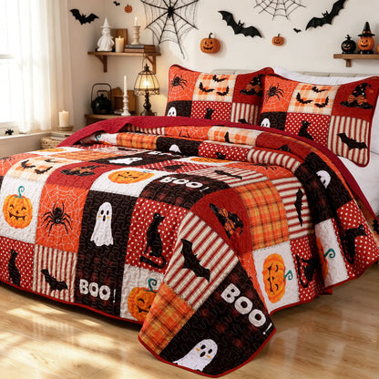 Bleum Cade Halloween 3 Pieces Quilt Set,Ghost Pumpkin & Black Cat Patchwork Bedding Set,Soft Lightweight Bedspread Coverlet Set Queen Size(Black & Red,90"x 90")