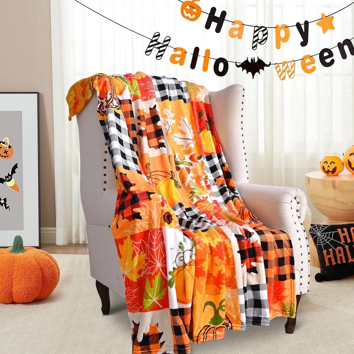 BLEUM CADE Fall Throw Blanket,Pumpkin Maple Leaves Plaid Blanket,Super Soft Flannel Throw Blankets for Bed Couch Sofa 50"x60"