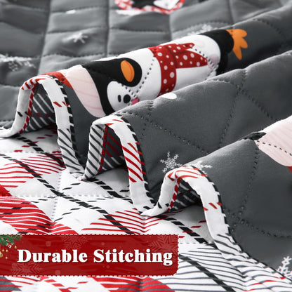 BLEUM CADE Christmas Quilts Sets King Size,3 Pieces Christmas Penguin Quilt Bedding Set, Reversible Grey Buffalo Plaid Comforter Sets,Soft Lightweight Xmas Bedspread Coverlet, 106" x 96"