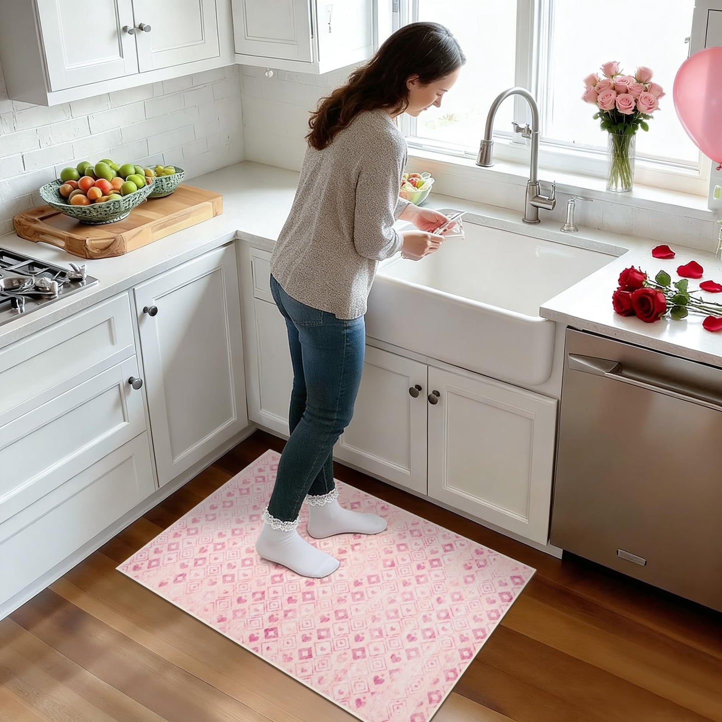 Bleum Cade Valentine's Day 2'x3' Area Rug Pink Washable Entry Rug, Super Soft Low Pile Non-Slip Outdoor Indoor Door mat for Laundry Entryway Bedroom Bathroom