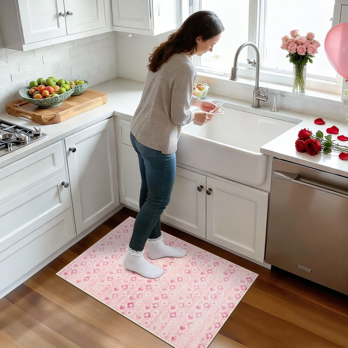 Bleum Cade 2'x3' Washable Entry Rug, Super Soft Low Pile Non-Slip Outdoor Indoor Pink Love Hearts Door Mat for Kitchen, Laundry Entryway, Bathroom, Mother's Day Ideal Gift for Mom