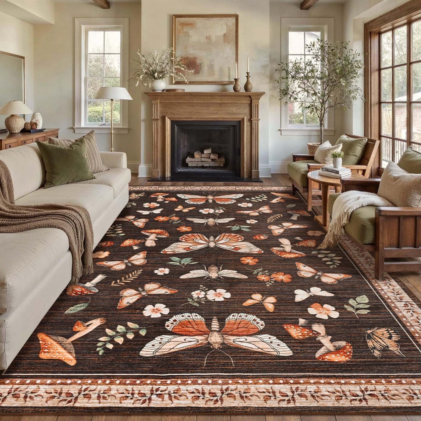Bleum Cade 8'x10' Large Area Rugs for Living Room,Washable Rugs Butterfly Mushroom Rugs for Bedroom,Super Soft Low-Pile Non Slip Foldable Carpet for Office Nursery Dining Room,Brown