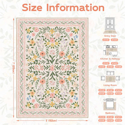 Bleum Cade 5'x7' Pink Rugs for Living Room,Boho Washable Floral Rugs for Bedroom Girls Room Decor,Ultra Soft Faux Wool Non Slip Low Pile Stain Resistant Carpet for Kids Living Dining Room Indoor