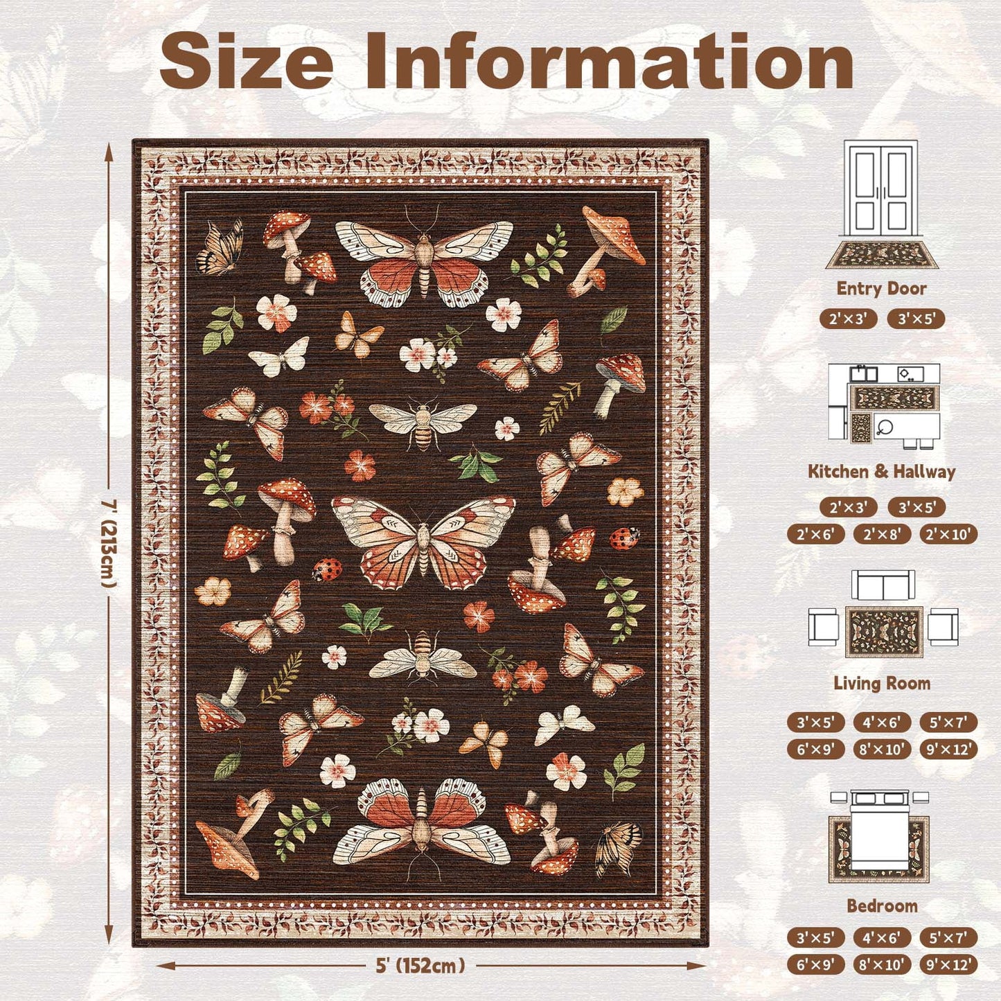 Bleum Cade 5'x7'Area Rugs for Living Room, Butterfly Mushroom Washable Rug for Bedroom,Ultra Soft Carpet Non Slip Low Pile Stain Resistant for Dining Room Home Decor,Brown