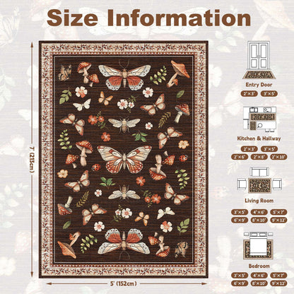 Bleum Cade 5'x7'Area Rugs for Living Room, Butterfly Mushroom Washable Rug for Bedroom,Ultra Soft Carpet Non Slip Low Pile Stain Resistant for Dining Room Home Decor,Brown