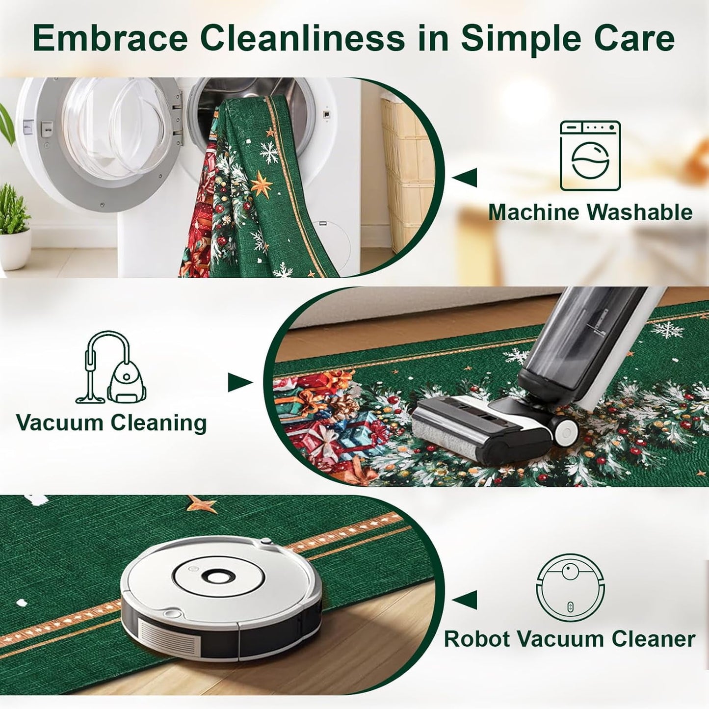 BLEUM CADE Christmas Tree Rug 3x5 Washable Rugs Non Slip,Xmas Green Area Rug for Living Room, Soft Faux Wool Large Entryway Rugs for Christmas Decorations