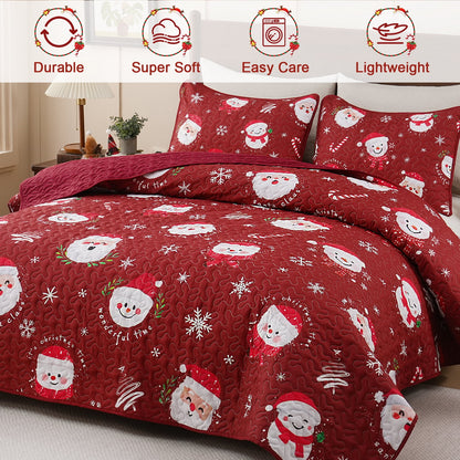 BLEUM CADE Christmas Quilts King Size 3 Piece, Santa Claus & Snowflake Quilt Bedding Set, Christmas Decor Soft Lightweight Bedspread Coverlet Set (1 Quilt, 2 Pillow Cases)