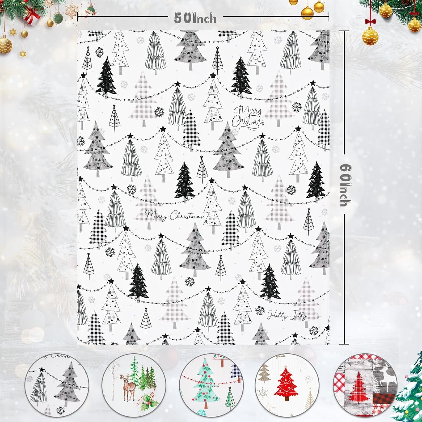 BLEUM CADE Christmas Throw Blanket, Snowflake Xmas Tree Blankets and Throws Soft Flannel Blankets for Couch Sofa, 50 x 60 Inches, Gray
