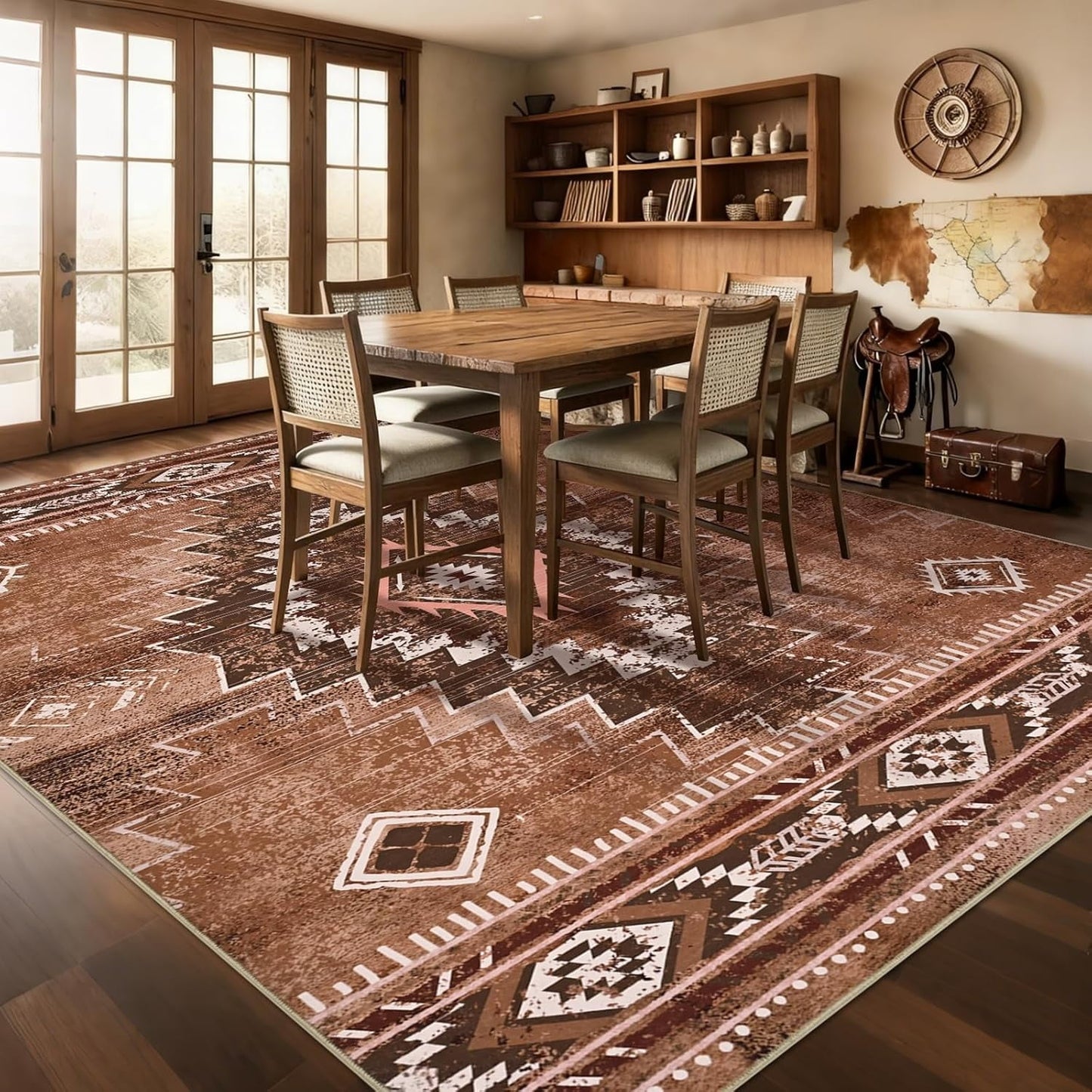 Bleum Cade Western 8'x10' Area Rugs for Living Room, Moroccan Washable Rugs for Bedroom, Non-Slip Boho Indoor Rug, Soft Low Pile Stain Resistant Geometric Floor Large Carpet Home Decor,Brown