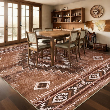 Bleum Cade Western 8'x10' Area Rugs for Living Room, Moroccan Washable Rugs for Bedroom, Non-Slip Boho Indoor Rug, Soft Low Pile Stain Resistant Geometric Floor Large Carpet Home Decor,Brown
