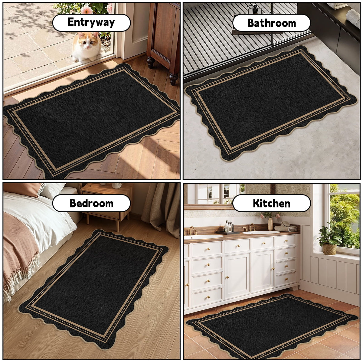 Bleum Cade Scalloped Entryway Rug 2'x 3', Washable Rug Solid Black Non Slip Door Mat Indoor,Soft Low Pile Ultra-Thin Stain‑Resistant Carpet for Kitchen,Hallway,Dorm