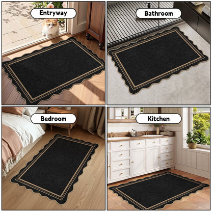 Bleum Cade Scalloped Entryway Rug 2'x 3', Washable Rug Solid Black Non Slip Door Mat Indoor,Soft Low Pile Ultra-Thin Stain‑Resistant Carpet for Kitchen,Hallway,Dorm
