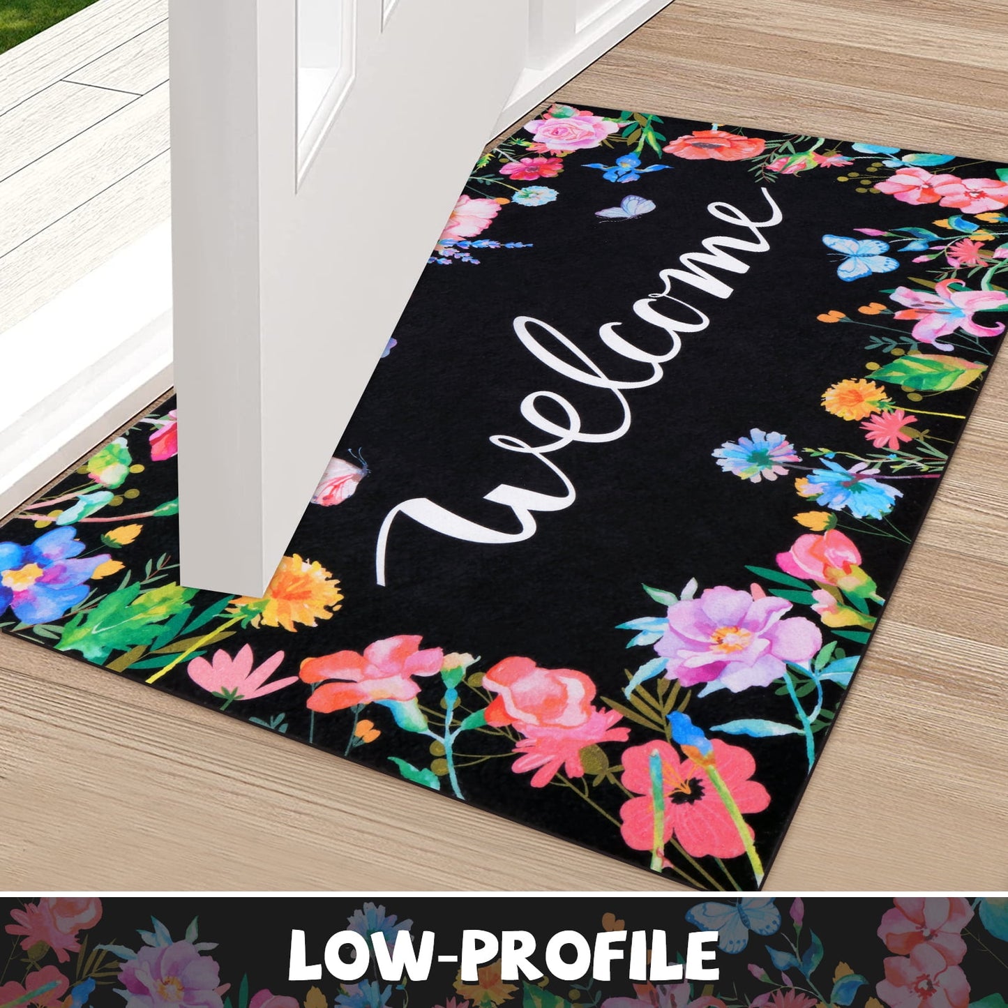 BLEUM CADE Spring Welcome Mat for Outside,Floral Non Slip Outdoor Door Mat,Low Profile Entrance Doormat for Patio