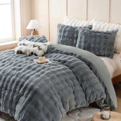 BLEUM CADE Fluffy Comforter Set King Size,Faux Fur Luxury Fuzzy Bedding Sets Light Gray,Shaggy Plush Duvet Cover Set with 2 Pillowcases