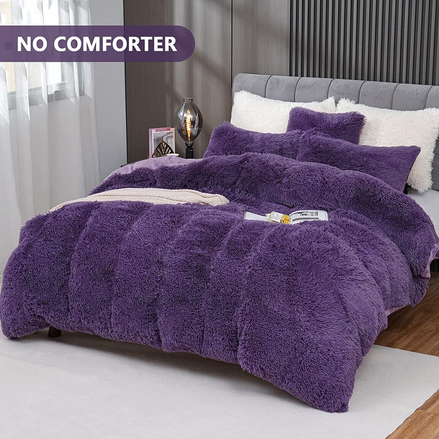 BLEUM CADE Luxury Fluffy Fuzzy Queen Bedding Comforter Set,3 Pieces Shaggy Duvet Cover Set,Furry Plush Velvet Comforter Cover with Zip Closure,Purple