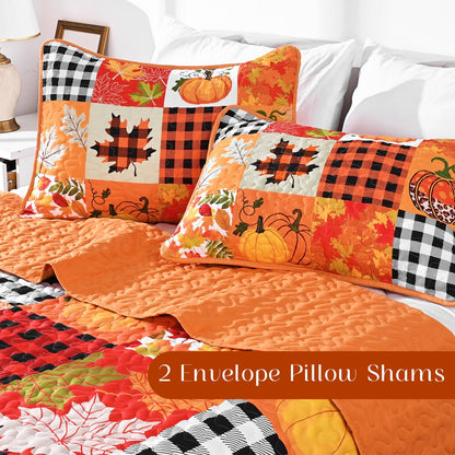 BLEUM CADE 3 Pieces Fall Quilt Set King Size, Thanksgiving Pumpkin Maple Leaves Plaid Bedding Set , Soft Lightweight Bedspread Coverlet Set King