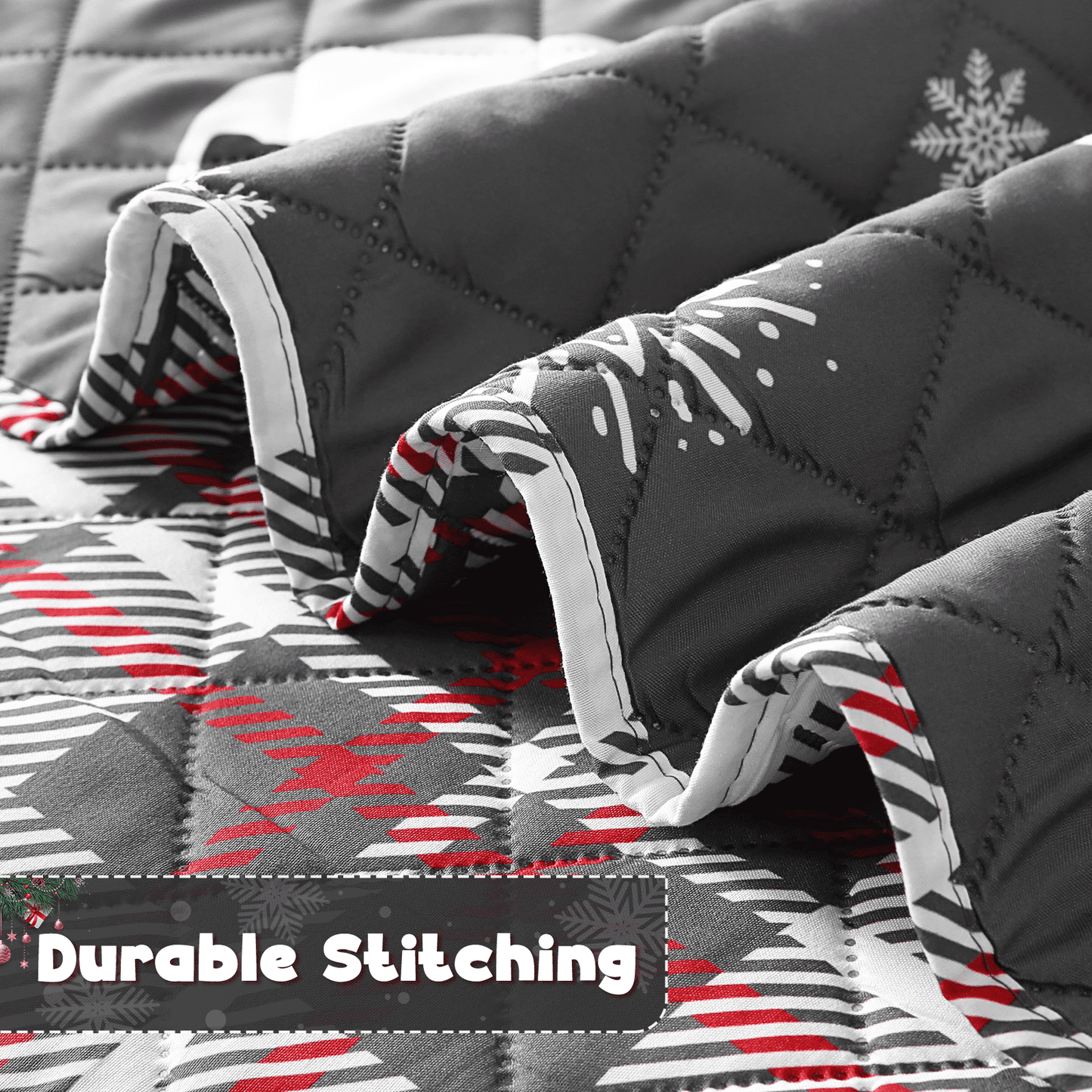 BLEUM CADE Christmas Quilts Sets Queen Size,3 Pieces Christmas Tree Quilt Bedding Set, Reversible Grey Buffalo Plaid Comforter Sets, Soft Lightweight Xmas Bedspread Coverlet,90"x90"