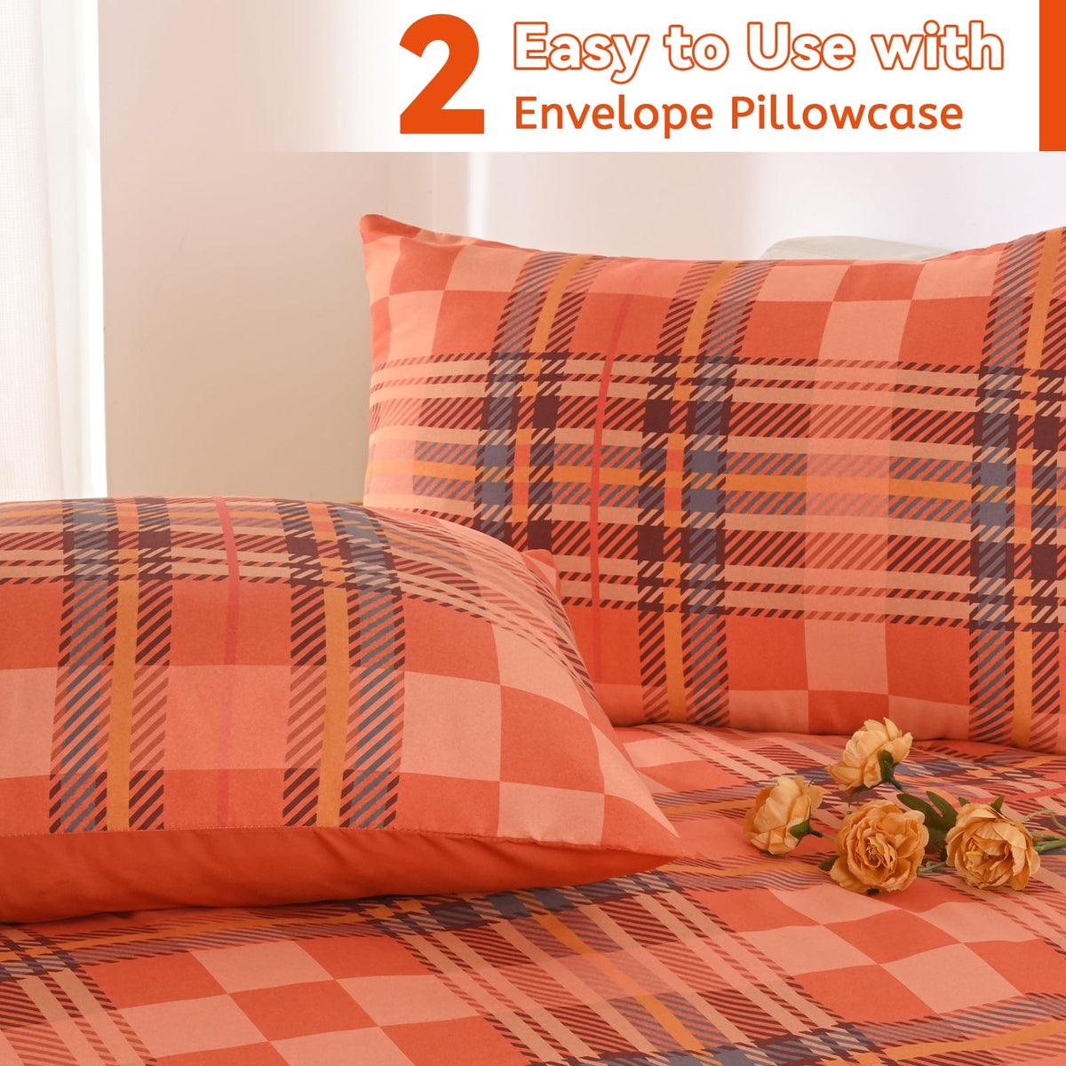 Bleum Cade 3 Piece Fall Duvet Cover Set Queen Size,Thanksgiving Buffalo Plaid Lightweight Comforter Cover Set,Ultra Soft Breathable Bedding Cover for Autumn Decor (Orange,90"x 90")