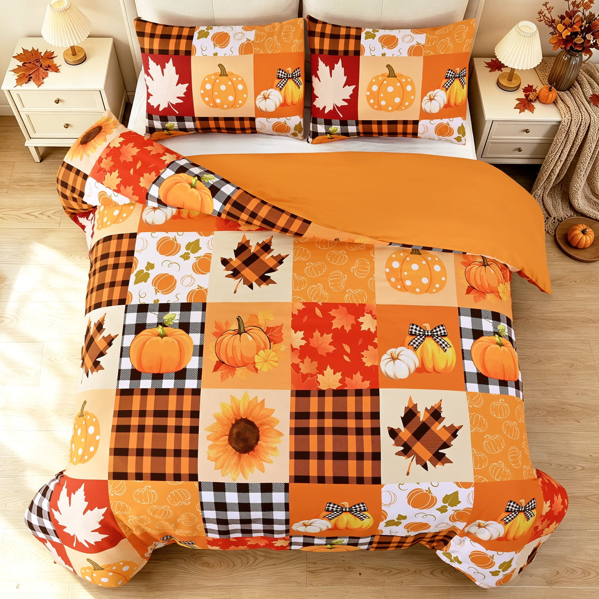 Bleum Cade 3 Piece Fall Duvet Cover Set King Size,Thanksgiving Pumpkin Maple Leaves Patchwork Lightweight Comforter Cover Set,Soft Cozy Bedding Cover for Home Decor(90"x 104")