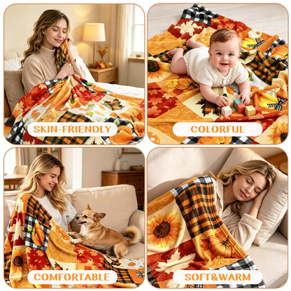 Bleum Cade Fall Throw Blanket,Pumpkin Maple Leaves Plaid Blanket,Cozy Flannel Autumn Throw Blankets for Bed Couch Sofa,Fall Decor Gift (50"x 60")