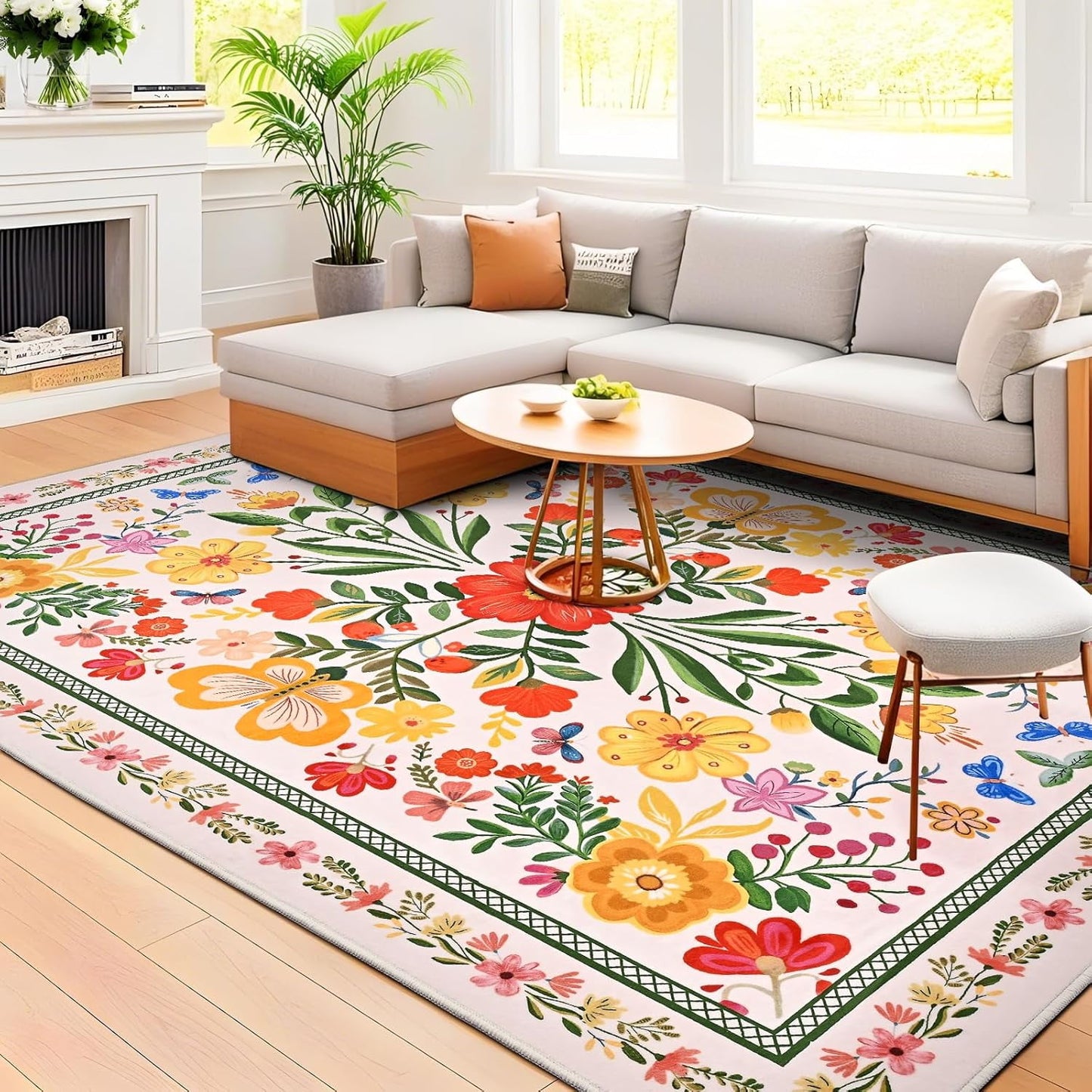 Bleum Cade 5'x7' Area Rugs for Living Room, Boho Floral Rug Ultra Soft Washable Rugs for Bedroom, Anti Slip Durable Carpet Home Decor for Dining Room,Beige