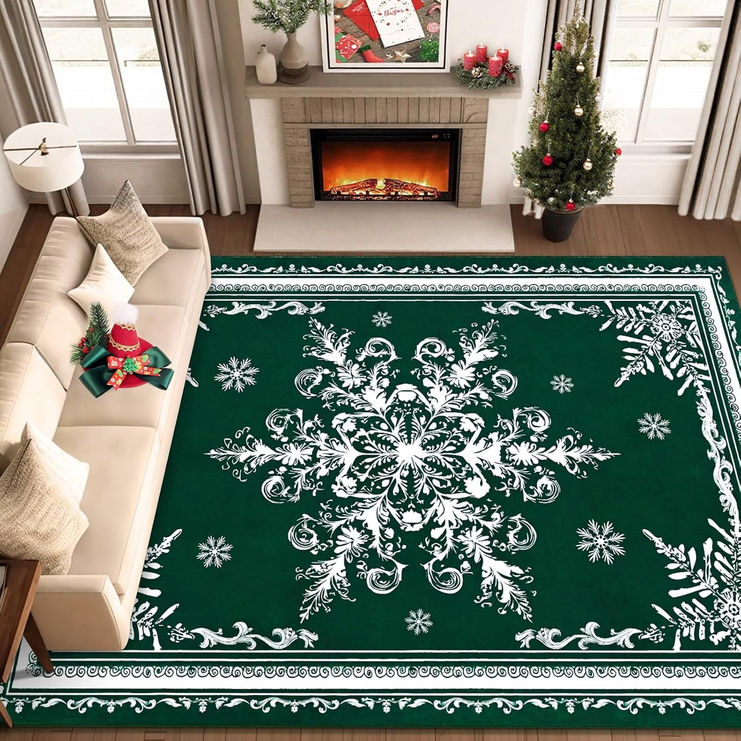 BLEUM CADE Christmas Snowflake 5'x7' Area Rugs for Living Room, Washable Rugs for Bedroom Dinning Room,Ultra Soft Non Slip Durable Large Carpet Christmas Decorations,Green