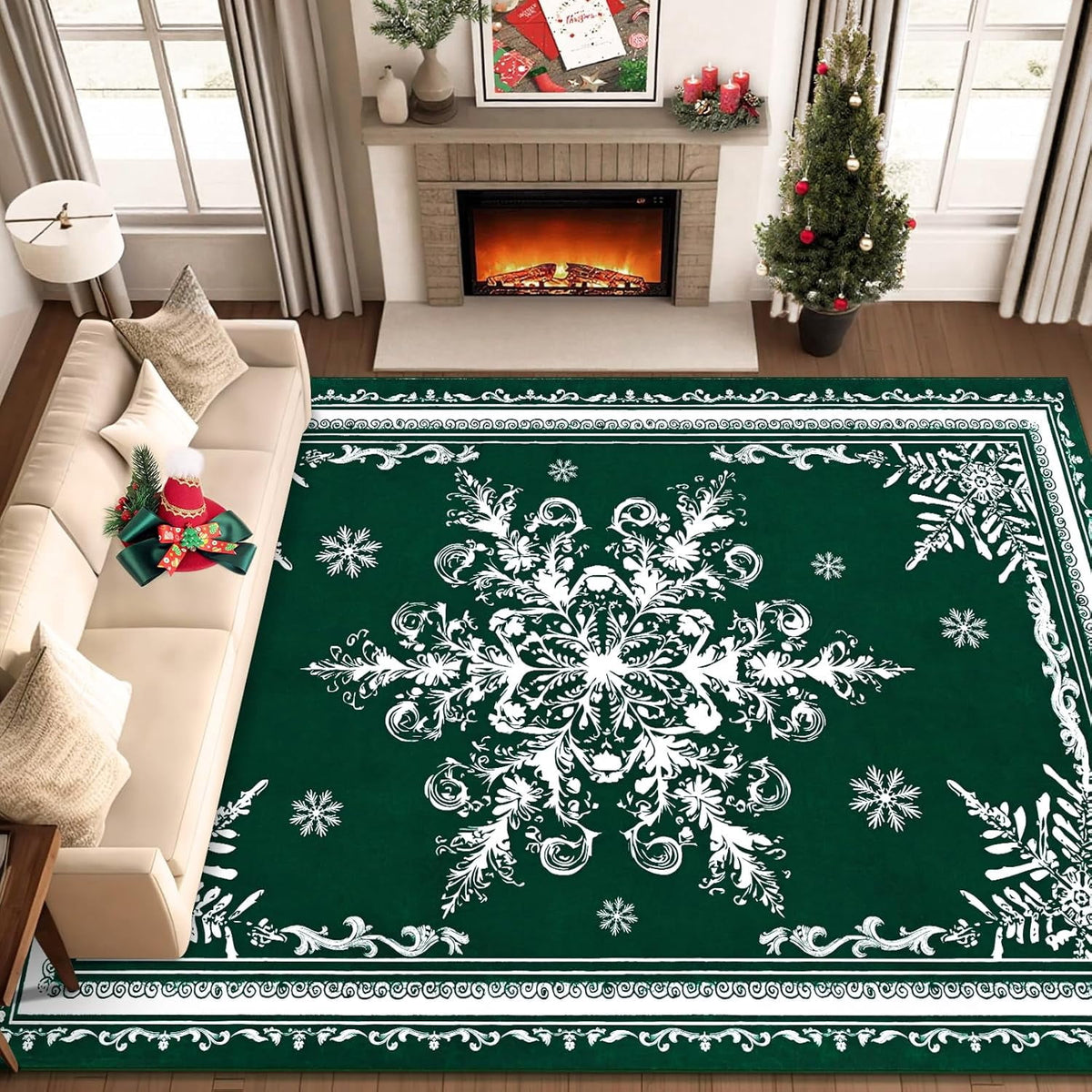 BLEUM CADE Christmas Snowflake Area Rugs 8'x10' for Living Room, Washable Rugs for Bedroom Dinning Room,Ultra Soft Non Slip Durable Large Carpet Christmas Decorations,Green