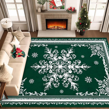 BLEUM CADE Christmas Snowflake Area Rugs 8'x10' for Living Room, Washable Rugs for Bedroom Dinning Room,Ultra Soft Non Slip Durable Large Carpet Christmas Decorations,Green