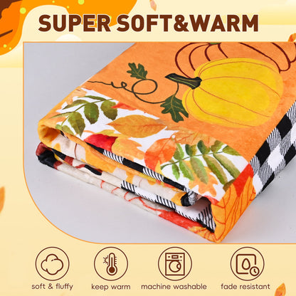 BLEUM CADE Fall Throw Blanket,Pumpkin Maple Leaves Plaid Blanket,Super Soft Flannel Throw Blankets for Bed Couch Sofa 50"x60"