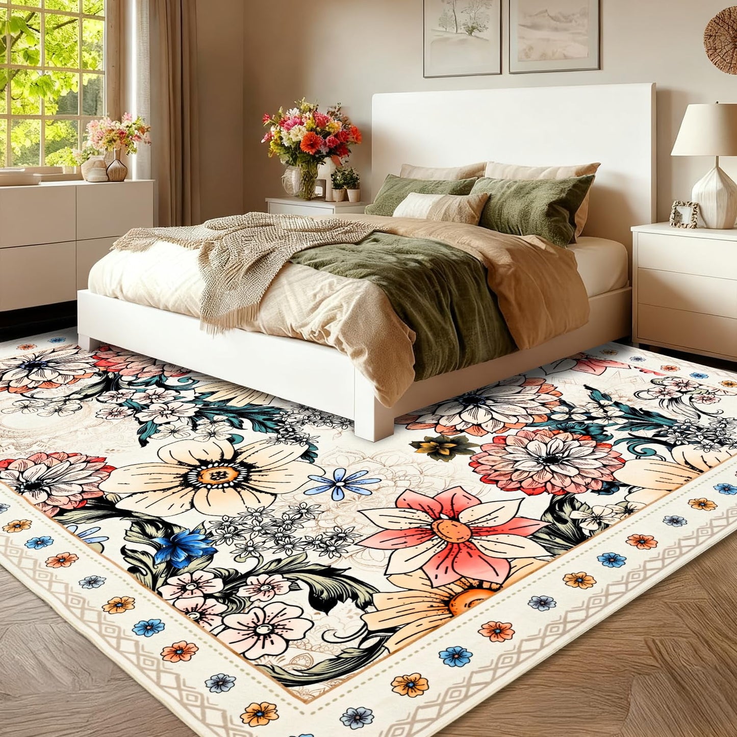 Bleum Cade Floral Area Rugs for Living Room 8x10, Boho Washable Rug, Soft Low Pile Faux Wool Non Slip Indoor Rug Carpet for Bedroom, Dining Room,White