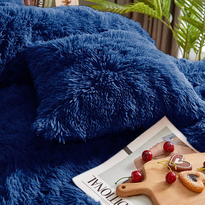 BLEUM CADE Luxury Fluffy Fuzzy King Bedding Comforter Set,4 Pieces Shaggy Duvet Cover Set,Furry Plush Velvet Comforter Cover with Zip Closure,King,Navy Blue