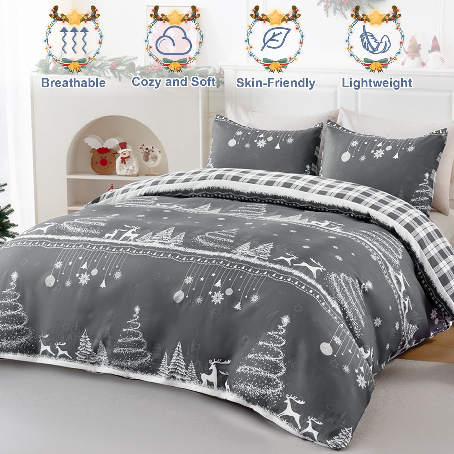 BLEUM CADE Christmas Queen Comforter Set Suit Christmas Tree & Deer Plaid Duvet Cover Set 3 - Piece Bed for Bedroom Set