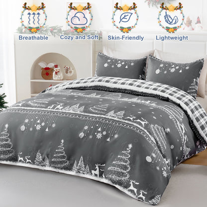 BLEUM CADE Christmas Queen Comforter Set Suit Christmas Tree & Deer Plaid Duvet Cover Set 3 - Piece Bed for Bedroom Set