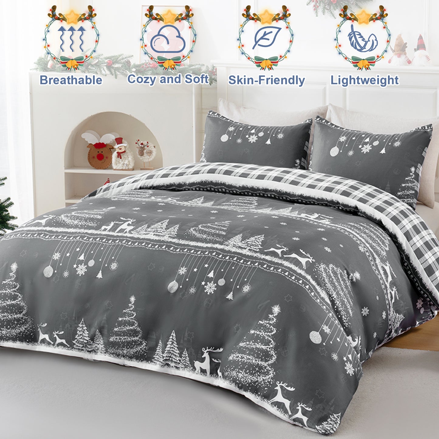 BLEUM CADE Christmas King Comforter Set Suit Christmas Tree & Deer Plaid Duvet Cover Set 3 - Piece Bed for Bedroom Set