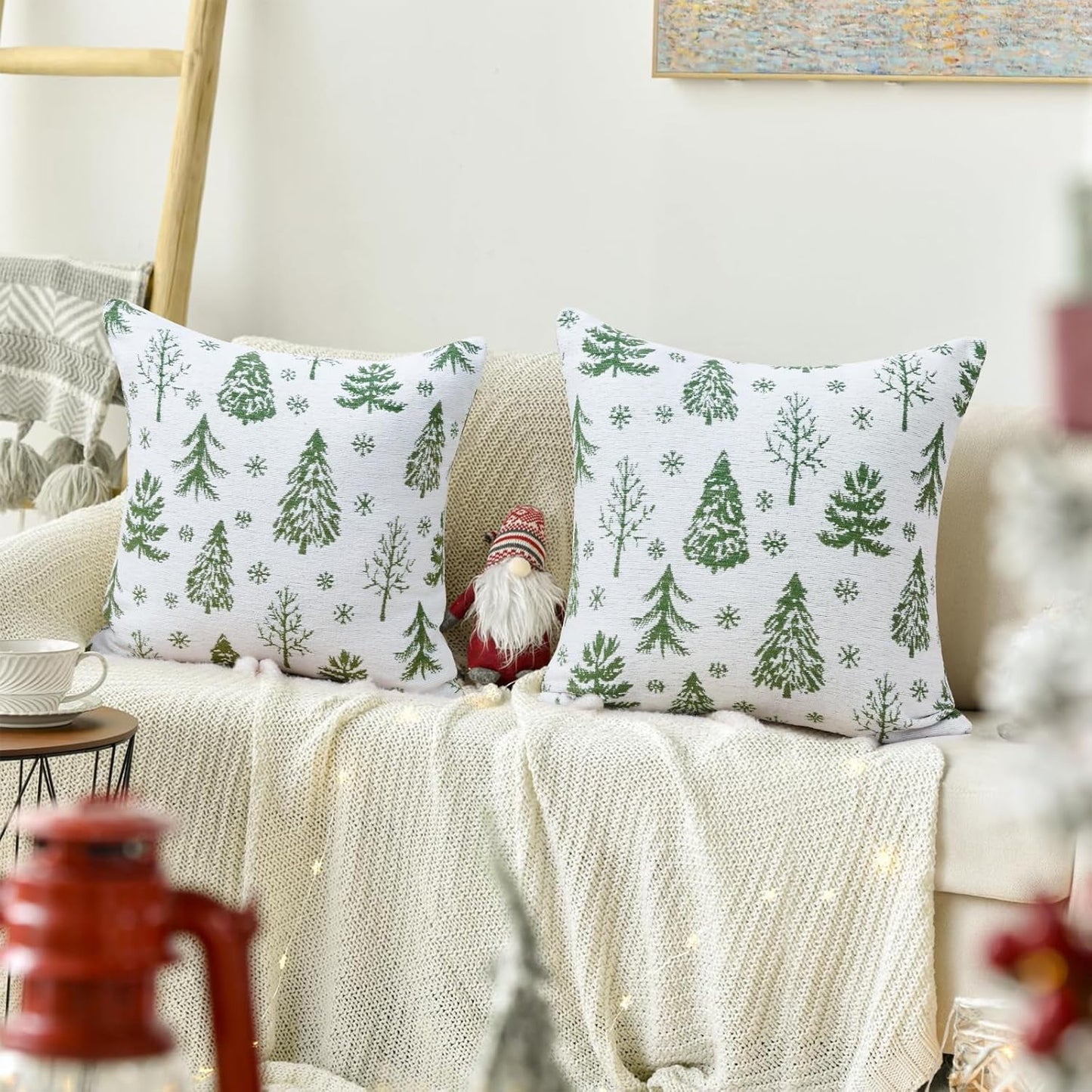 BLEUM CADE 2 Pack Christmas Throw Pillow Covers 18 x 18 inches Chenille Green Xmas Tree Pillowcases for Sofa Couch