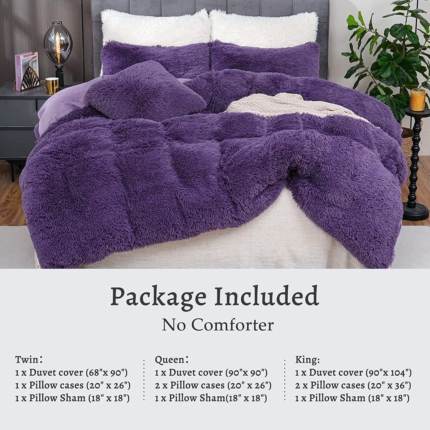 BLEUM CADE Luxury Fluffy Fuzzy Queen Bedding Comforter Set,3 Pieces Shaggy Duvet Cover Set,Furry Plush Velvet Comforter Cover with Zip Closure,Purple