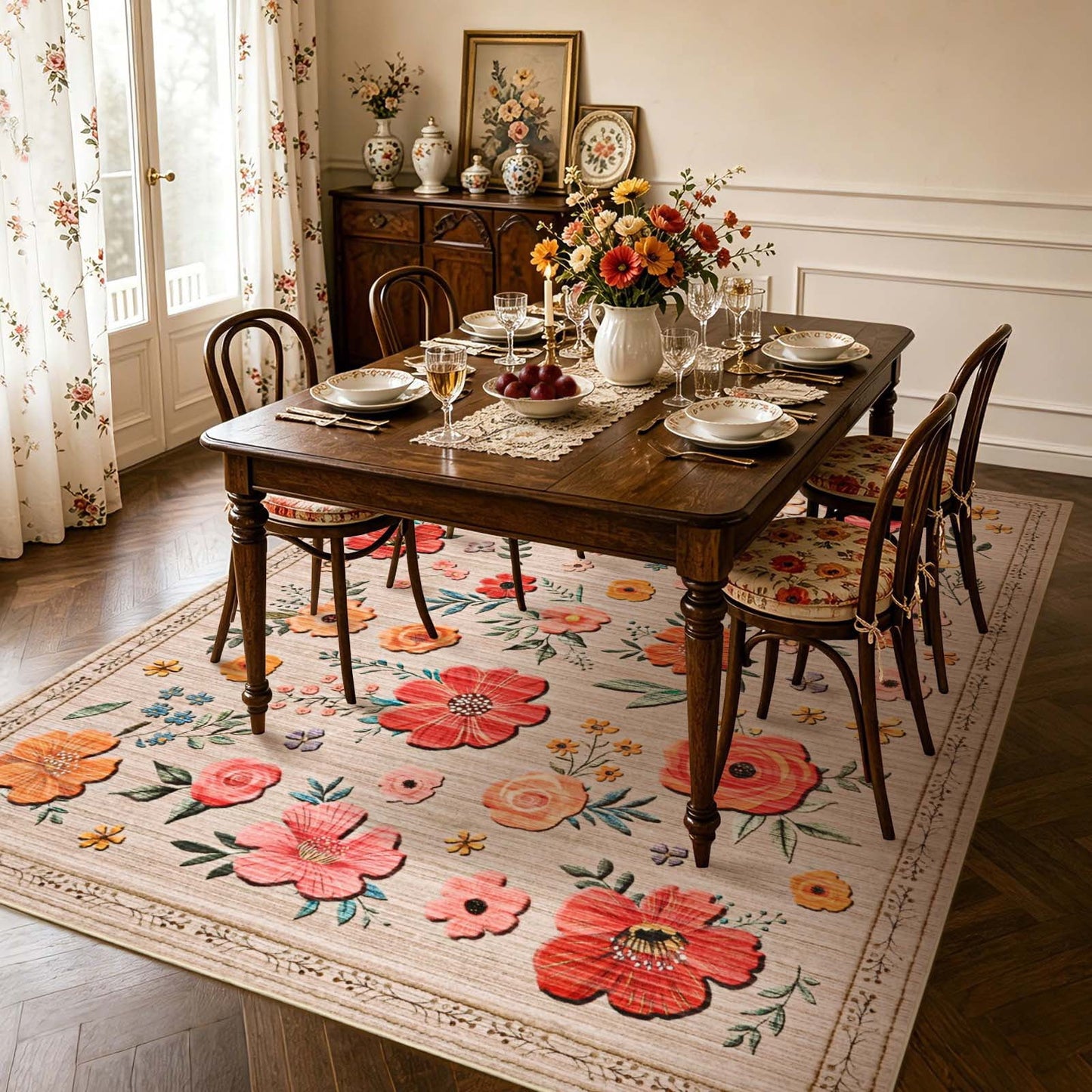Bleum Cade 5'x7' Boho Floral Area Rugs for Living Room, Machine Washable Rug for Bedroom, Non Slip Low Pile Ultra Soft Faux Wool Rug Indoor Carpet for Dining Room