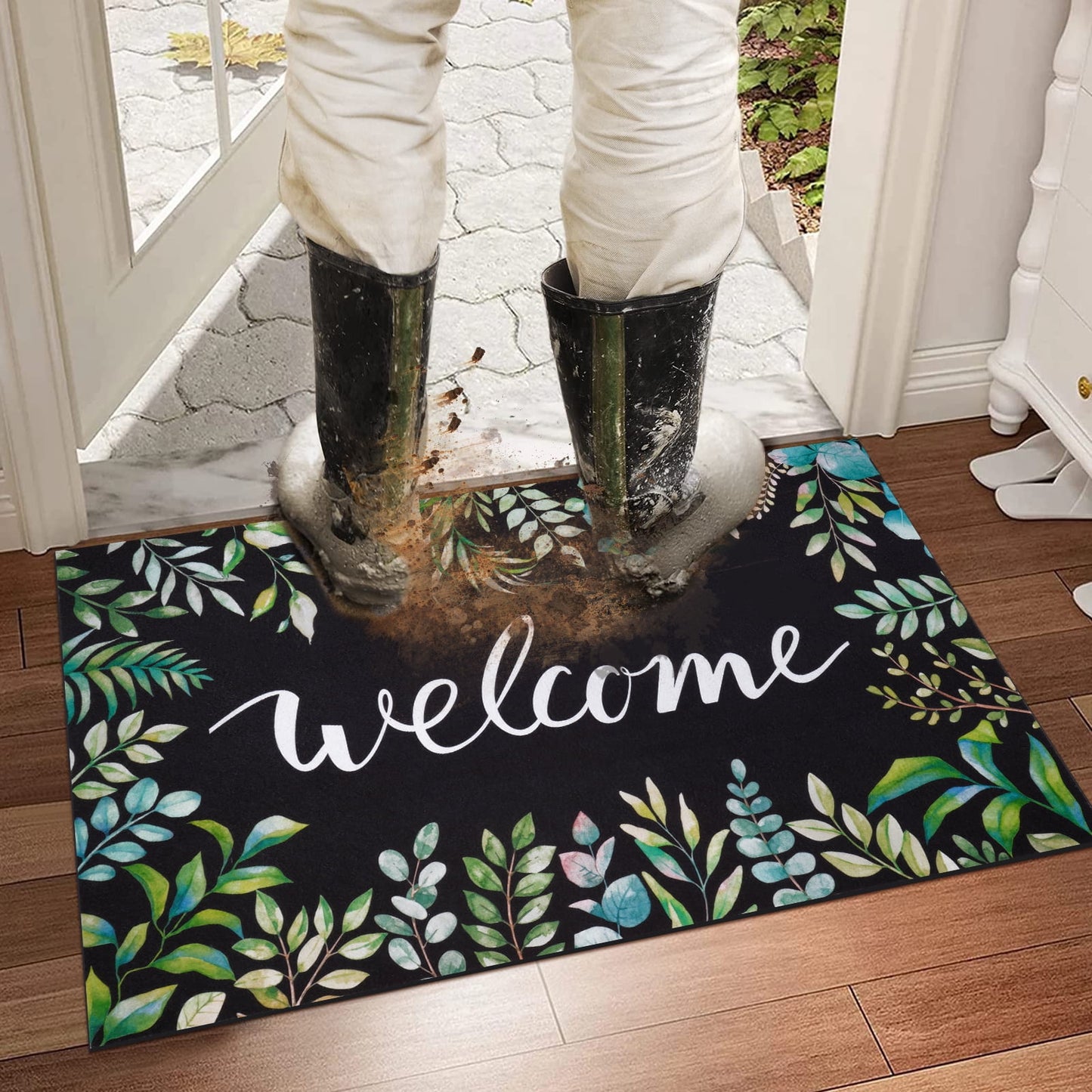 BLEUM CADE Summer Welcome Door Mat Leaves Low Profile Outdoor Door Mats Non Slip Entrance Mats for Outside Patio