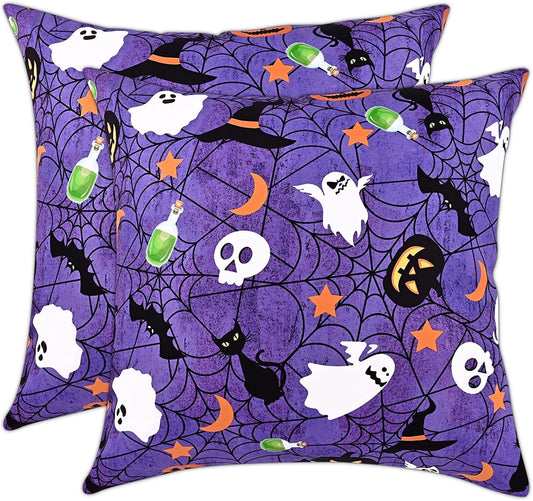 BLEUM CADE Halloween Pillow covers 18 x 18 inches Set of 2,Pumpkin Ghost Spider Web Halloween Decor,Purple