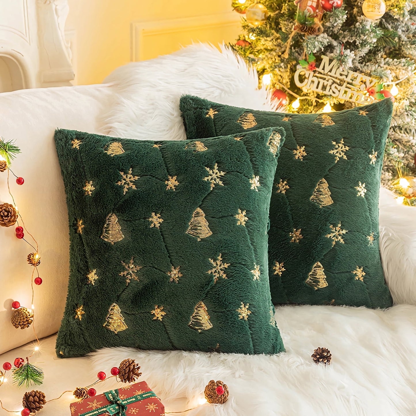 BLEUM CADE Christmas Throw Pillow Covers Set of 2,Teddy Fleece Xmas Red Soft Fleece Pillowcase with Christmas Elk Pattern,18 x 18 inches