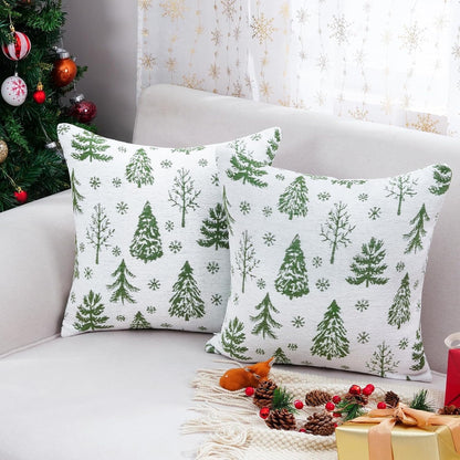 BLEUM CADE 2 Pack Christmas Throw Pillow Covers 18 x 18 inches Chenille Green Xmas Tree Pillowcases for Sofa Couch