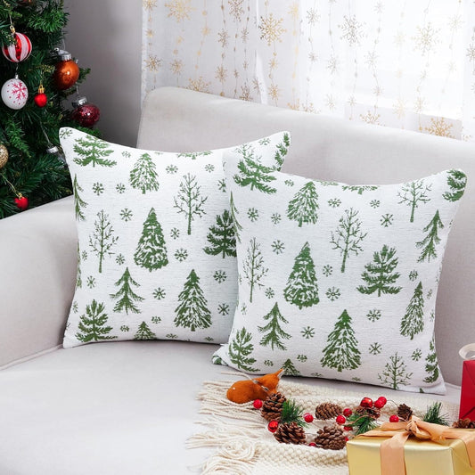 BLEUM CADE 2 Pack Christmas Throw Pillow Covers 18 x 18 inches Chenille Green Xmas Tree Pillowcases for Sofa Couch