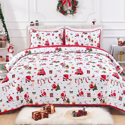 BLEUM CADE Christmas Quilts Queen Size 3 Piece, Santa Claus & Snowflake Quilt Bedding Set, Christmas Decor Soft Lightweight Bedspread Coverlet Set (1 Quilt, 2 Pillow Cases)