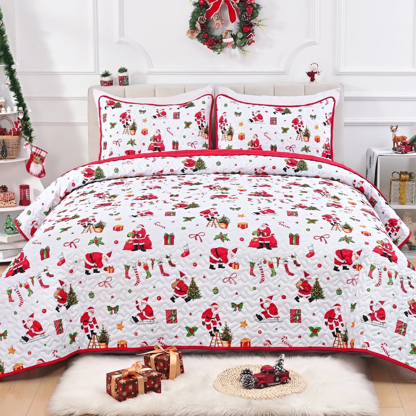 BLEUM CADE Christmas Quilts King Size 3 Piece, Bow & Festive Foliage Quilts Bedding Set, Christmas Decor Super Soft Bedspread Coverlet Set (1 Quilt, 2 Pillow Cases)